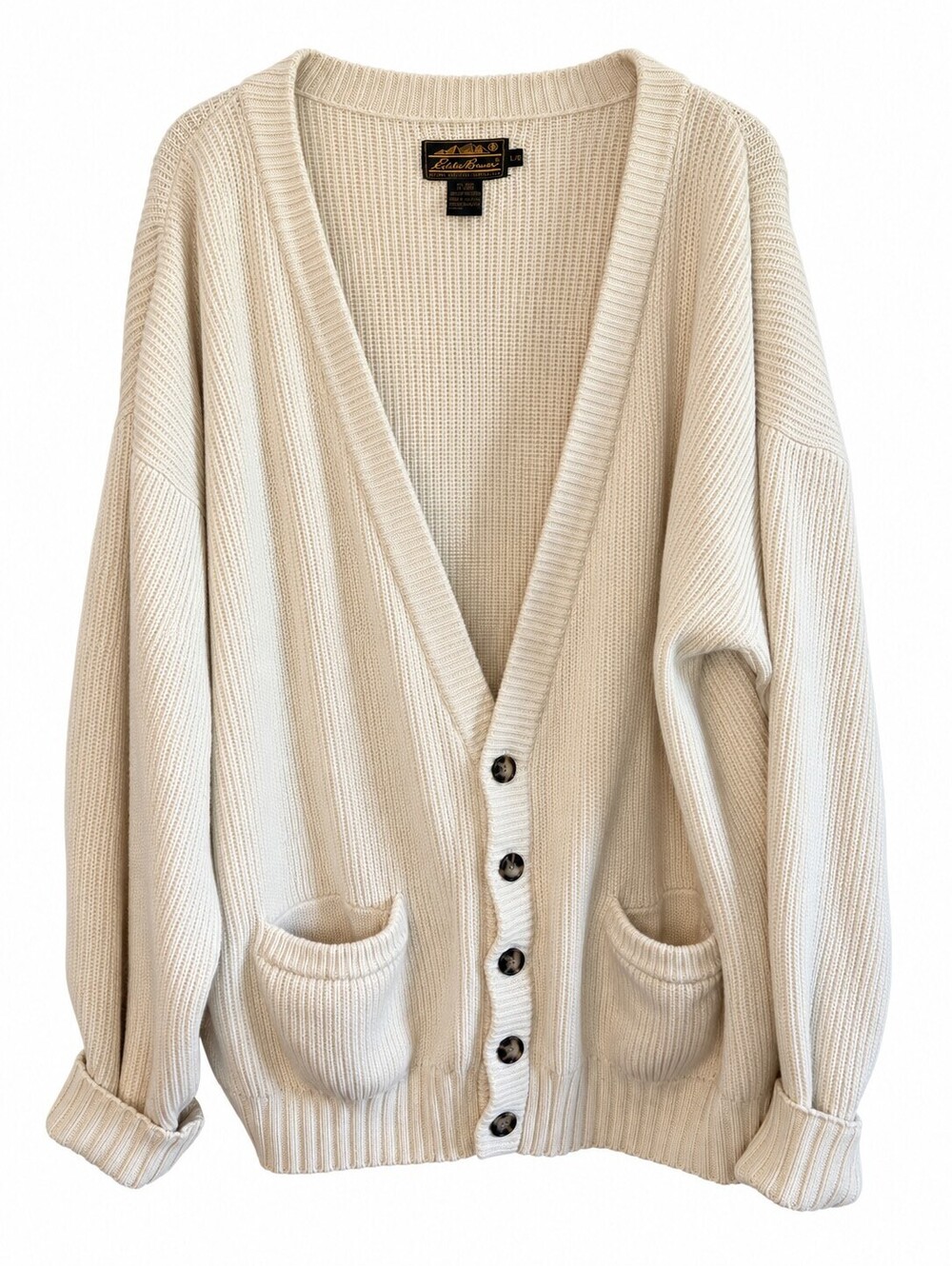 Vintage 90s Eddie Bauer Oversized Cream Cotton Grandpa Cardigan L